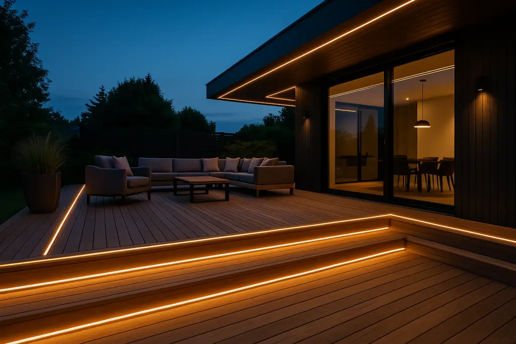 LED-strips montert under rekkverk gir indirekte belysning på terrassen